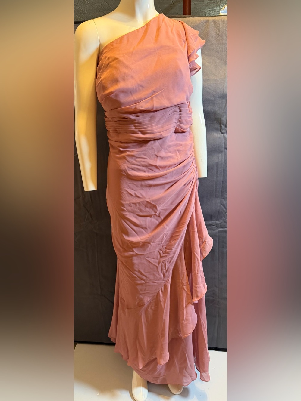 One-Shoulder Mauve Pink Ruffled Evening Dress